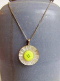Vintage Carved Mother of Pearl Button Pendant Necklace, Lime Green Button Accent, 16" Sterling Silver Chain, Green Necklace, MPN170