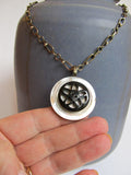 Vintage Button Pendant Necklace, Mother of Pearl Button, Pierced Vintage Black Flower Button, Handmade Sterling Silver Chain, MPN172