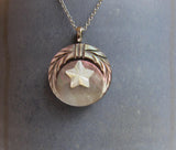 Vintage Mother of Pearl Leaf & Star Button, Art Deco Pendant, 24" Sterling Silver Chain, Laurel Leaf Button, White Star Button, MPN175