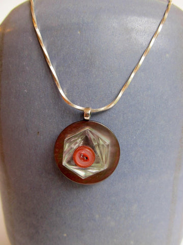 Vintage Cut Glass Button & Mother of Pearl Button Pendant, Red Accent Button, Vintage 23" Sterling Silver Chain, Twist Snake Chain, MPN176