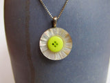 Vintage Carved Mother of Pearl Button Pendant Necklace, Lime Green Button Accent, 16" Sterling Silver Chain, Green Necklace, MPN170