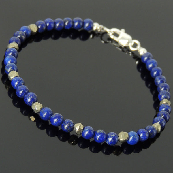 Men's Women Lapis Pyrite Sterling Silver Bracelet 925 Beads Clasp DiyNotion Handmade BR544
