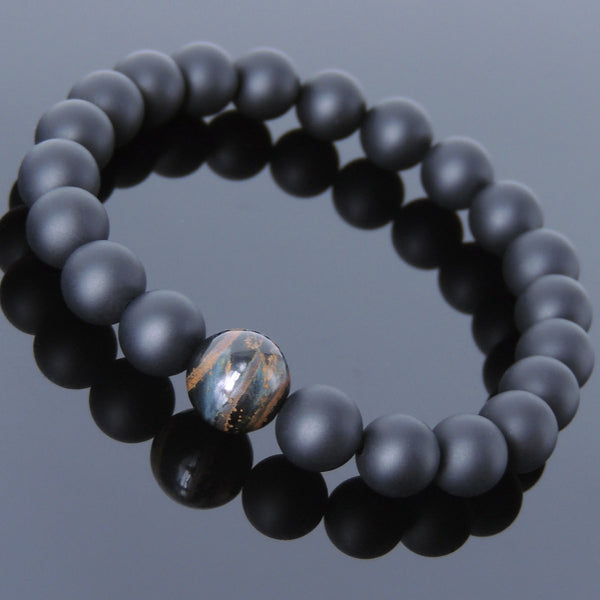 Men's Women Matte Black Onyx Mixed Blue Tiger Eye Bracelet Healing Gemstone DiyNotion Handmade BR549