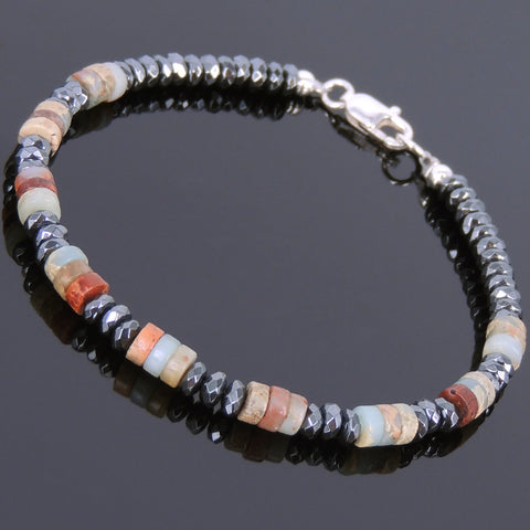 Men's Women Jasper Stone Hematite Sterling Silver Bracelet 925 Beads Clasp DiyNotion Handmade BR552