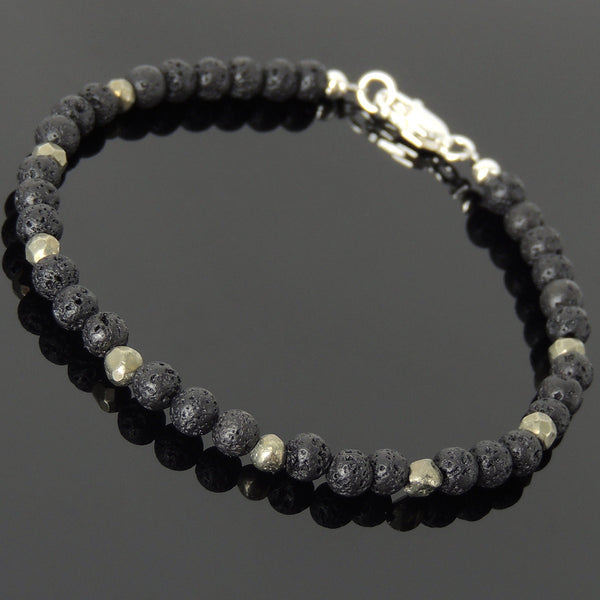 Men's Women Lava Rock Pyrite Sterling Silver Bracelet 925 Beads Clasp DiyNotion Handmade BR545