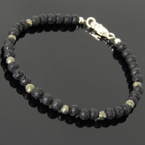 Men's Women Lava Rock Pyrite Sterling Silver Bracelet 925 Beads Clasp DiyNotion Handmade BR545