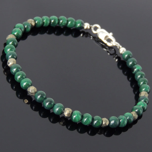 Men's Women Malachite Pyrite Sterling Silver Bracelet 925 Beads Clasp DiyNotion Handmade BR546