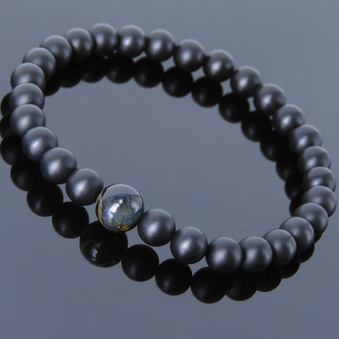 Men's Women Matte Black Onyx Mixed Blue Tiger Eye Bracelet Healing Gemstone DiyNotion Handmade BR548