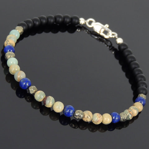 Men's Women Matte Black Onyx Jasper Stone Lapis Gold Pyrite Sterling Silver Bracelet 925 Beads Clasp DiyNotion Handmade BR553