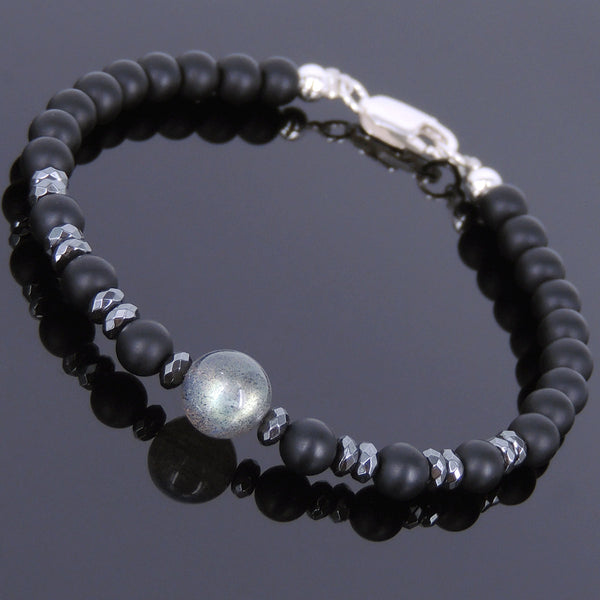 Men's Women Matte Black Onyx Labradorite Hematite Sterling Silver Bracelet 925 Beads Clasp DiyNotion Handmade BR554