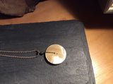 Vintage White Mother of Pearl Button Pendant Necklace, MOP Button Necklace, Metallic Bow Button Accent, 23" Sterling Silver Chain, MPN177