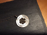 Vintage White Mother of Pearl Button Pendant Necklace, MOP Button Necklace, Metallic Bow Button Accent, 23" Sterling Silver Chain, MPN177