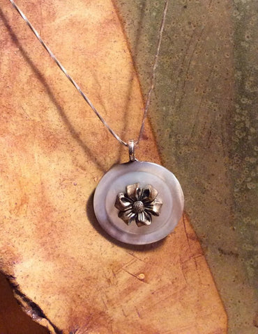 Vintage White Mother of Pearl Button Pendant Necklace, MOP Button Necklace, Metallic Bow Button Accent, 23" Sterling Silver Chain, MPN177