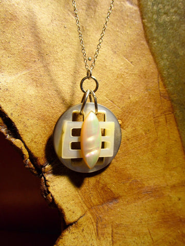 Vintage Mother of Pearl Button & Buckle Pendant Necklace, 18" Sterling Silver Chain, MOP Button Necklace, MOP Buckle Pendant, MPN178
