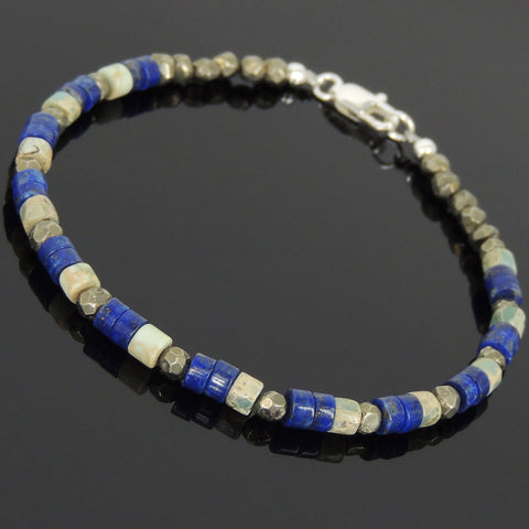 Men's Women Lapis Pyrite Jasper Stone Sterling Silver Bracelet 925 Beads Clasp DiyNotion Handmade BR557