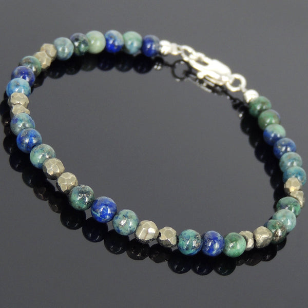 Men's Women Mixed Chrysocolla Lapis Pyrite Sterling Silver Bracelet 925 Beads Clasp DiyNotion Handmade BR558