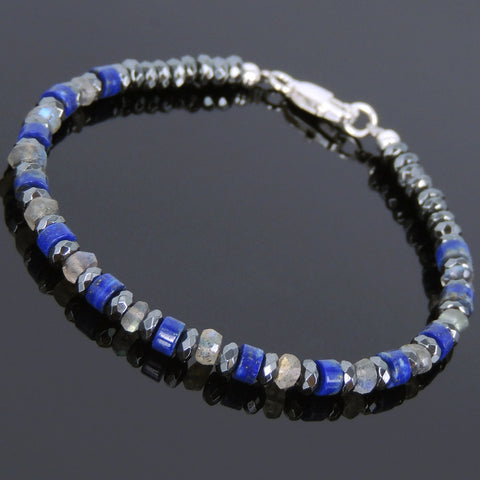 Men's Women Lapis Labradorite Hematite Sterling Silver Bracelet 925 Beads Clasp DiyNotion Handmade BR560