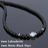 Men's Women Matte Black Onyx Labradorite Sterling Silver Necklace Gemstone 925 Spacers Clasp DiyNoion Handmade NK067