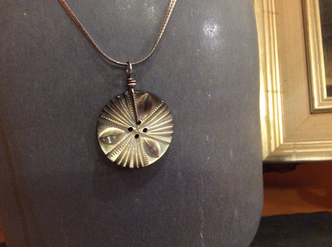 Vintage Dark Smoky Mother of Pearl Button Pendant Necklace, Carved MOP Button, Sterling Silver Chain, Handmade Necklace, MPN184