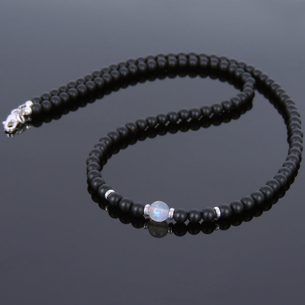 Men's Women Matte Black Onyx Labradorite Sterling Silver Necklace Gemstone 925 Spacers Clasp DiyNoion Handmade NK067