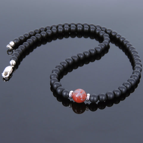 Men's Women Matte Black Onyx Red Jasper Stone Sterling Silver Necklace Gemstone 925 Spacers Clasp DiyNoion Handmade NK068
