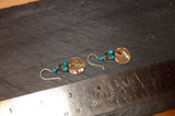 Painted Mother of Pearl Vintage Button Earrings, Turquoise Beads, Bronze Beaded Handmade Ear Wires, MPE217