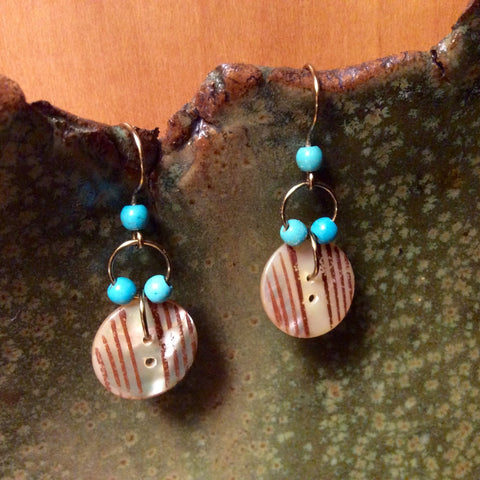 Painted Mother of Pearl Vintage Button Earrings, Turquoise Beads, Bronze Beaded Handmade Ear Wires, MPE217