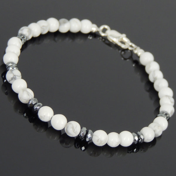 Men's Women White Howlite Hematite Sterling Silver Bracelet Clasp DiyNotion Handmade BR563