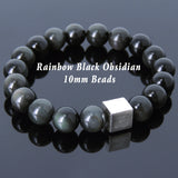 Men's Women Black Obsidian Bracelet 925 Sterling Silver Cube Bead DiyNotion Handmade BR568