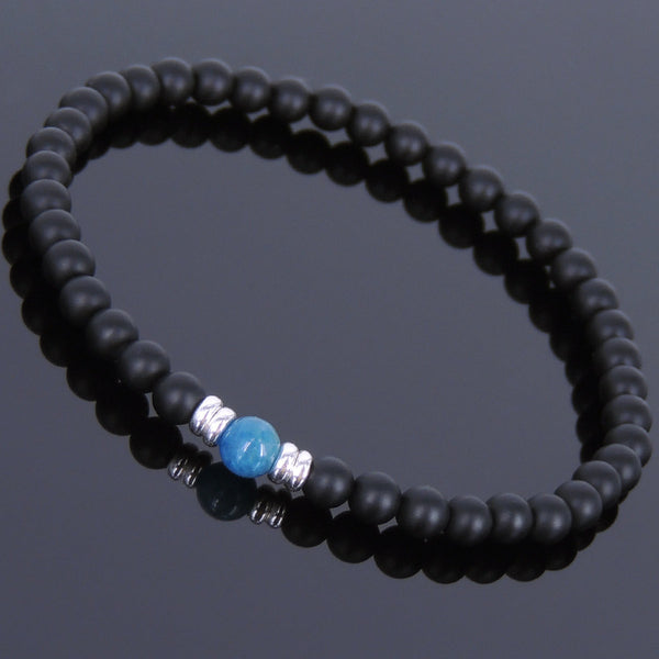 Men's Women Matte Black Onyx Apatite Bracelet 925 Sterling Silver Spacers DiyNotion Handmade BR573