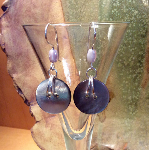 Vintage Mother of Pearl Button Earrings, Smoky MOP Buttons, German Bead Accent, Silver Handmade Ear Wires, Iridescent MOP Buttons, MPE201
