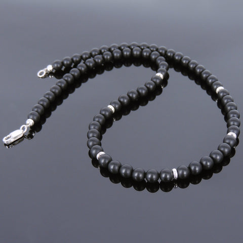 Men's Women 6mm Matte Black Onyx Sterling Silver Necklace Gemstone 925 Spacers Beads Clasp DiyNoion Handmade NK070