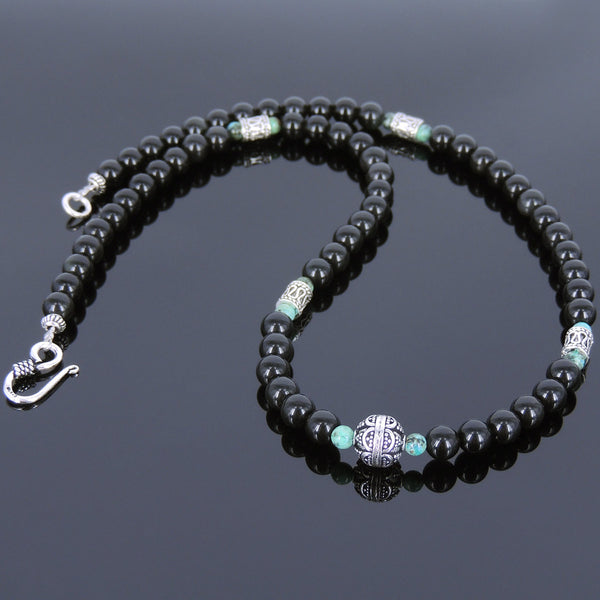 Men's Women Black Obsidian African Green Turquoise 925 Sterling Silver Necklace Gemstone Beads Clasp DiyNoion Handmade NK072