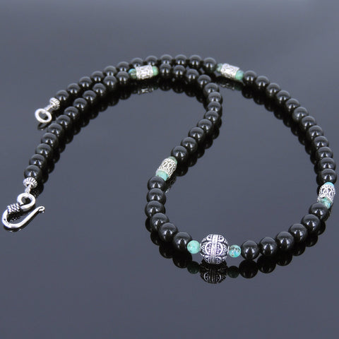 Men's Women Black Obsidian African Green Turquoise 925 Sterling Silver Necklace Gemstone Beads Clasp DiyNoion Handmade NK072