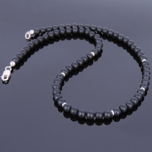 Men's Women 5mm Matte Black Onyx Sterling Silver Necklace Gemstone 925 Spacers Beads Clasp DiyNoion Handmade NK069