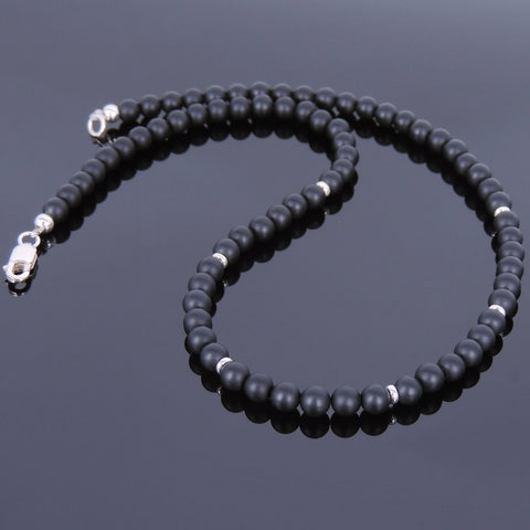 Men's Women 5mm Matte Black Onyx Sterling Silver Necklace Gemstone 925 Spacers Beads Clasp DiyNoion Handmade NK069