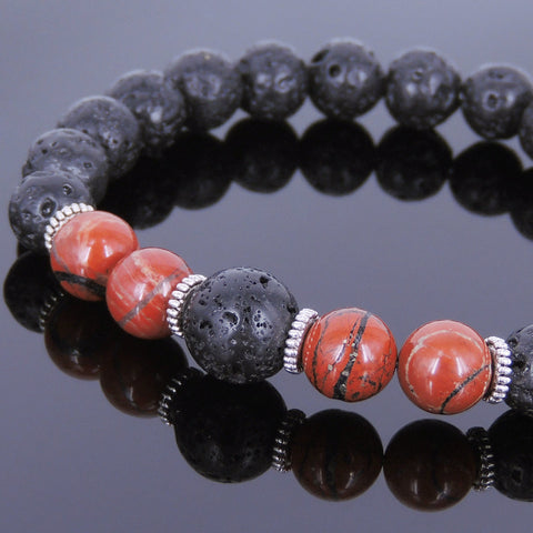 Lava Rock Red Jasper Stone Tibetan Silver Bracelet Yoga Mala for Men Women DiyNotion Handmade T087