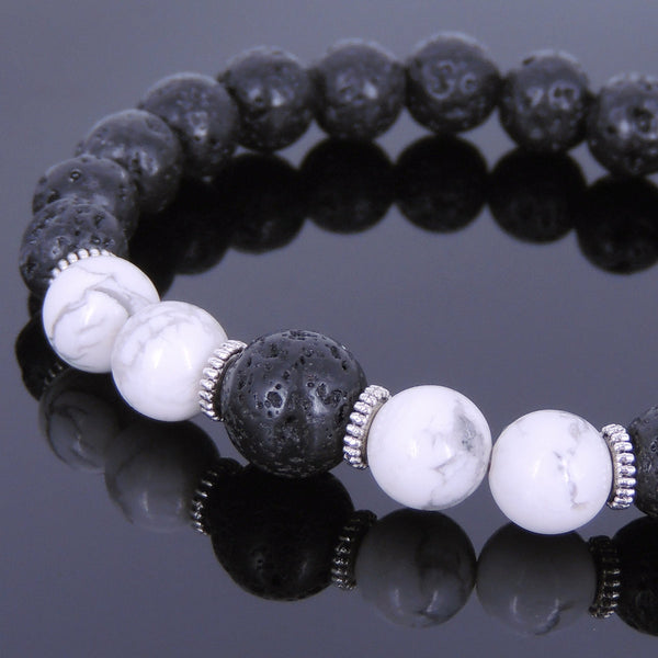 Lava Rock White Howlite Tibetan Silver Bracelet Yoga Mala for Men Women DiyNotion Handmade T088