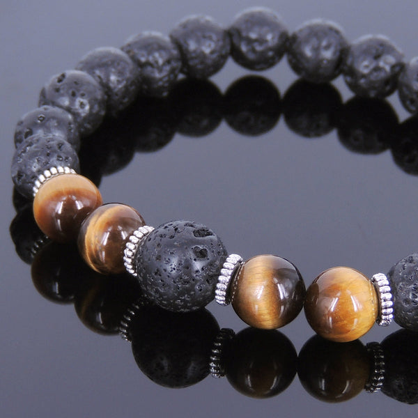 Lava Rock Tiger Eye Tibetan Silver Bracelet Yoga Mala for Men Women DiyNotion Handmade T090