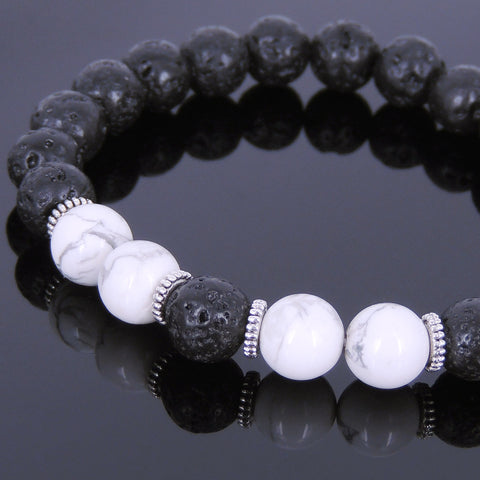 Lava Rock White Howlite Tibetan Silver Bracelet Yoga Mala for Men Women DiyNotion Handmade T095