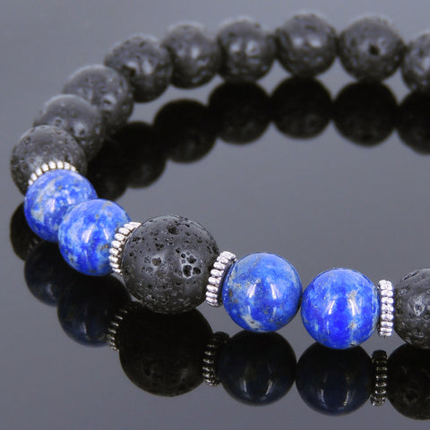 Lava Rock Lapis Tibetan Silver Bracelet Yoga Mala for Men Women DiyNotion Handmade T086