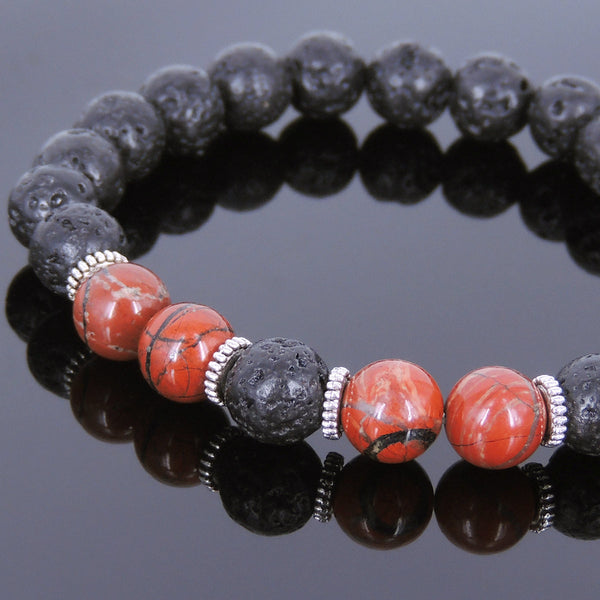 Lava Rock Red Jasper Stone Tibetan Silver Bracelet Yoga Mala for Men Women DiyNotion Handmade T094