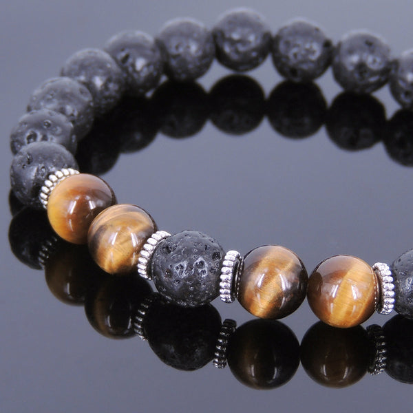 Lava Rock Tiger Eye Tibetan Silver Bracelet Yoga Mala for Men Women DiyNotion Handmade T097