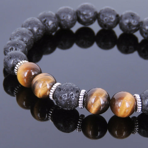 Lava Rock Tiger Eye Tibetan Silver Bracelet Yoga Mala for Men Women DiyNotion Handmade T097