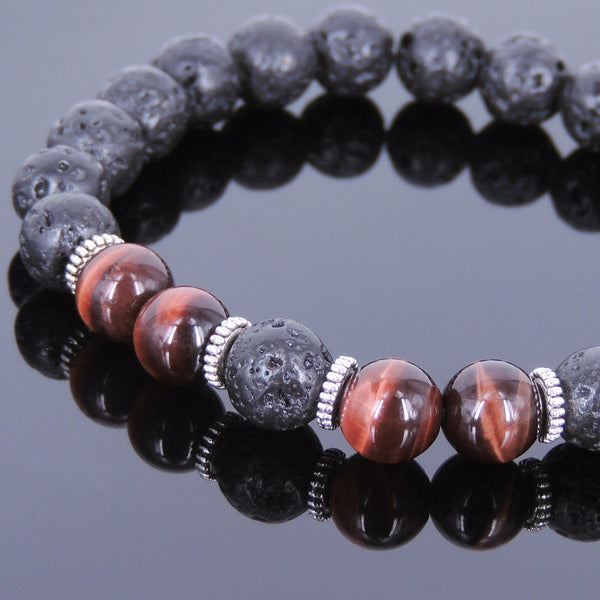 Lava Rock Red Tiger Eye Tibetan Silver Bracelet Yoga Mala for Men Women DiyNotion Handmade T098