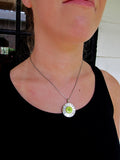 Vintage Carved Mother of Pearl Button Pendant Necklace, Lime Green Button Accent, 16" Sterling Silver Chain, Green Necklace, MPN170