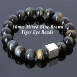 Men's Women Mixed Brown Blue Tiger Eye Bracelet 925 Sterling Silver Cube Bead DiyNotion Handmade BR576
