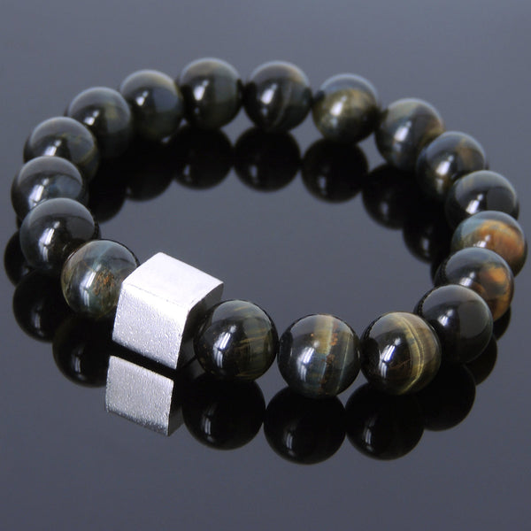 Men's Women Mixed Brown Blue Tiger Eye Bracelet 925 Sterling Silver Cube Bead DiyNotion Handmade BR576