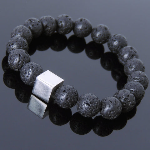 Men's Women Lava Rock Bracelet 925 Sterling Silver Cube Bead DiyNotion Handmade BR577