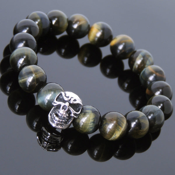 Men's Women Mixed Brown Blue Tiger Eye Bracelet Sterling Silver Skull DiyNotion Handmade BR587